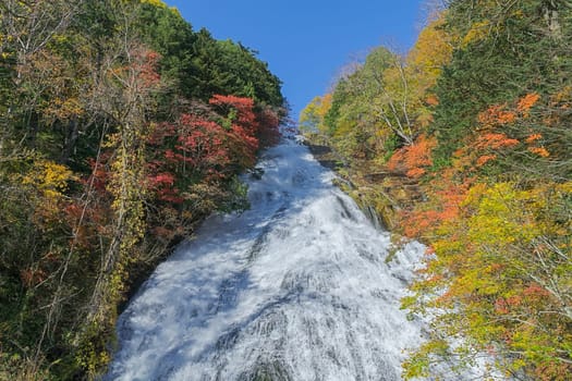 Yutaki waterfall in Nikko, Tochigi Prefecture has huge water flow down from the top especially during rainy days. There are viewing platforms halfway down the staircase by the side. It looks much prettier when there are colored leaves on both sides of the waterfall.