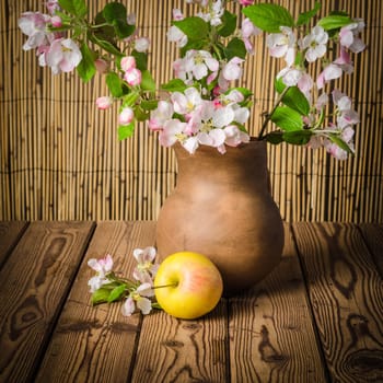 Ripe apple and blossoming branch of an apple-tree in a clay jar, close-up