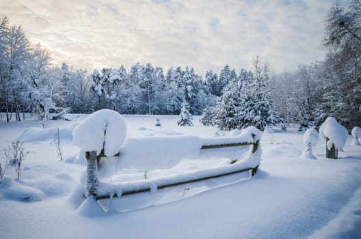 Snow-covered landscape in the countryside. Viitna, Estonia