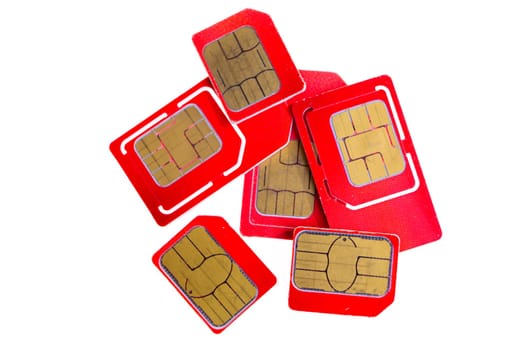 Stack of red sim card on white background