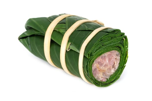 Sticky Rice In Banana Leaf, traditional thai food on white background