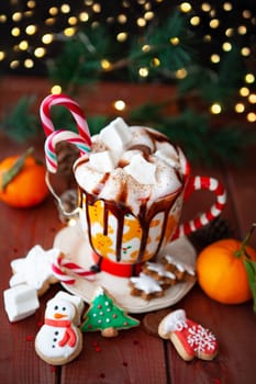 Festive Christmas mug of hot chocolate with marshmallows and whipped cream