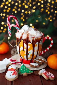 Festive Christmas mug of hot chocolate with marshmallows and whipped cream
