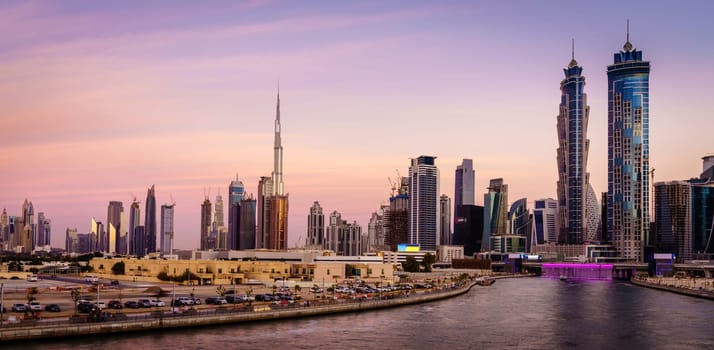 Scenic view of skyline of Dubai's downtown at sunset