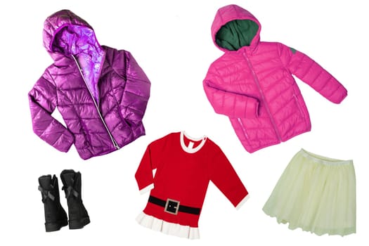 Collage set of children clothes. Concept spring autumn and summer clothes. Isolated on white. Close up.