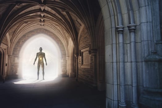 Human silhouette with universe inside stands in gothic archway with light illuminating the path.
