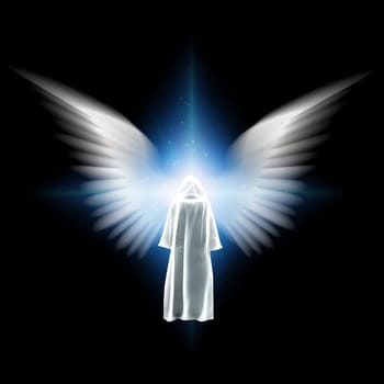 Surreal digital art. Figure in white cloak stands before bright light with angel wings.