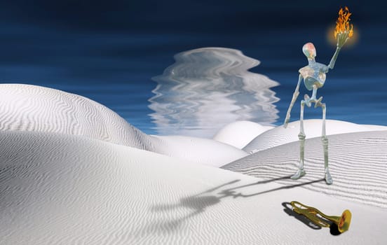 New Prometheus. Gleaming robot with flame in his hand stands in surreal desert. Planet reflected in water.
