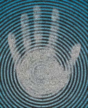 Palm on concentric circles. Image composed entirely of words, text