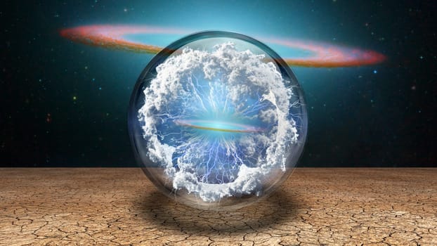 Surrealism. Splash of clouds and lightnings inside crystal ball. Life capsule. Galaxy disk on a background.