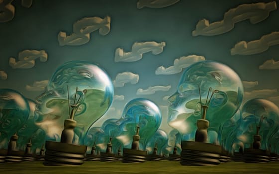 Surreal painting. Ideas. Field of light bulbs.
