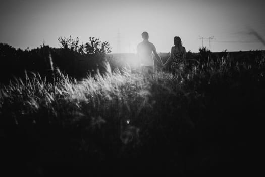 Black white photography romantic couple standing and kissing on background summer meadow sunset
