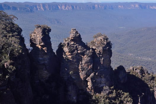 Three Sisters rock formation in the Blue Mountains National Park. Australia