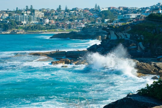 Huge ocean swell bringing in big waves in Bondi Beach Australia.