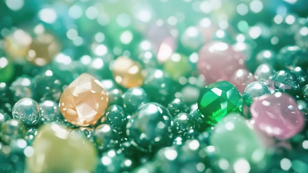 Various gemstones and pearls lie scattered, catching the light and creating a dazzling effect. The soft green background enhances their vibrant colors and natural beauty.