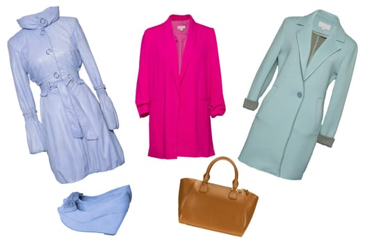 Collage woman clothes. Set of stylish and trendy women coats and accessories isolated on a white background. Latest fashion trends.