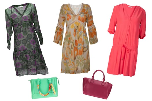 Collage woman clothes. Set of stylish and trendy women dresses and accessories isolated on a white background. Latest fashion trends.