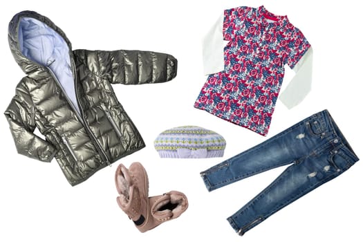 Collage set of children clothes. Concept spring autumn and summer clothes. Isolated on white background. Close up.