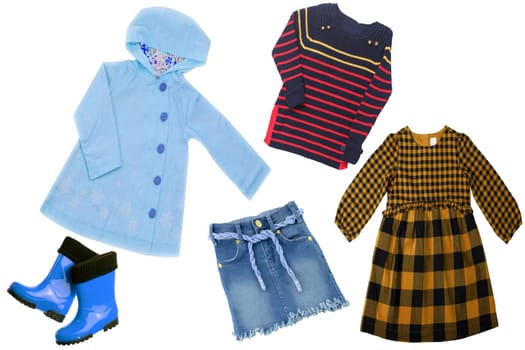 Collage set of children clothes. Concept spring autumn and summer clothes. Isolated on white. Close up.