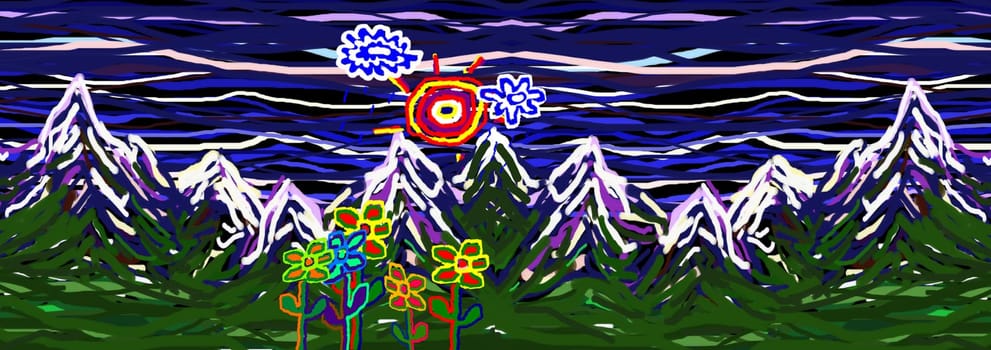 Child's Painting. Mountains Landscape. Childish imagination