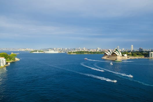SYDNEY, AUSTRALIA - AUGUST 15, 2017.Vew on the Skyline of Sydney and the Sydney Opera House. Seen from the Sydney Harbour Bridge.