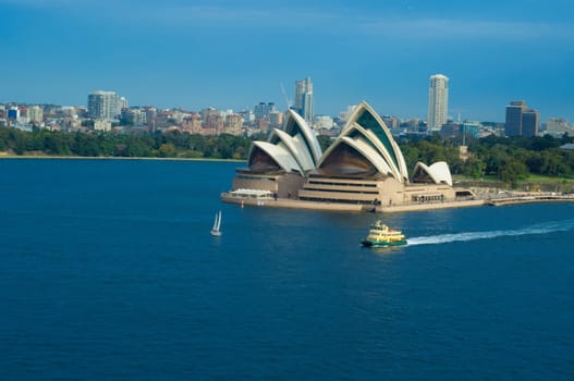 SYDNEY, AUSTRALIA - AUGUST 15, 2017: View of the Opera House from the Harbor Bridge in Sydney, Australia