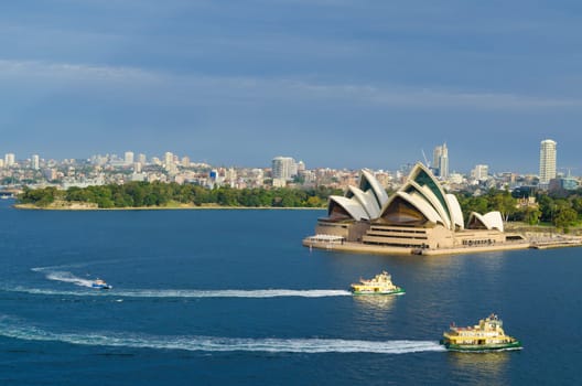 SYDNEY, AUSTRALIA - AUGUST 15, 2017: View of the Opera House from the Harbor Bridge in Sydney, Australia