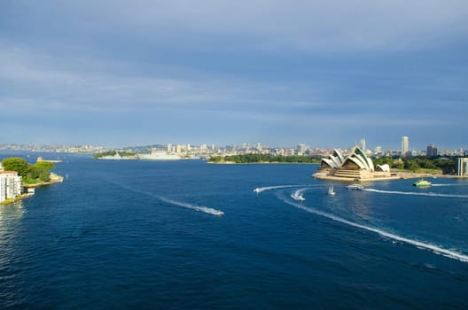 SYDNEY, AUSTRALIA - AUGUST 15, 2017.Vew on the Skyline of Sydney and the Sydney Opera House. Seen from the Sydney Harbour Bridge.