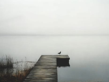 A tranquil scene unfolds on a misty morning as a solitary bird stands on a wooden dock, looking out over the glassy surface of the water, surrounded by soft, muted tones.