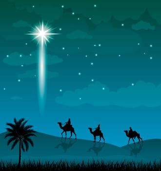 Riders on camels against the background of the night sky and the shining star. Camel caravan in the desert. Sandy desert.