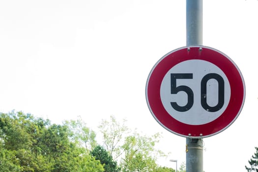 50 Limit Traffic Sign European Red Circle Pole Isolated White Background