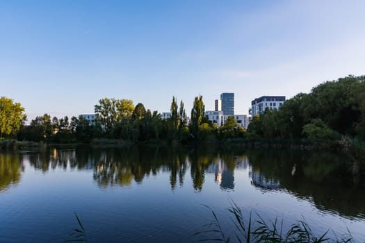 Blue Sky Lake Reflection Landscape European Modern Architecture