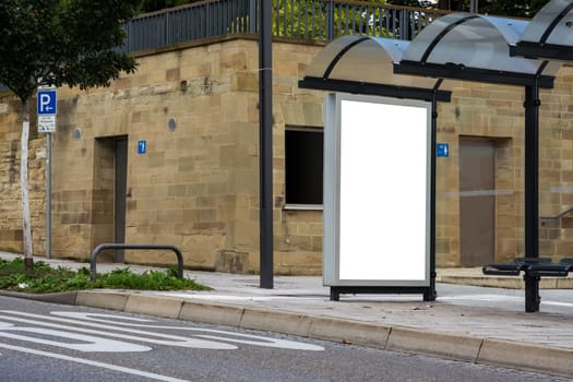 Advertising Space Bus Stop White Isolated Outdoors Empty Nobody Bench Street Sidewalk Curb Blank Empty Text Copyspace
