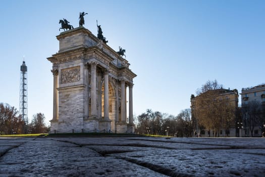 Arco della Pace (Porta Sempione) Sunrise in Milan Italy Traveling Sightseeing Destination Winter 2016 Blue Sky Outdoors Beautiful Monument Architecture