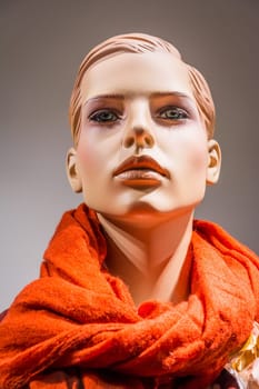 Female Mannequin Doll Puppet Display Window Fashion Clothes Scarf Red Closeup Portrait Shop Store Shopping
