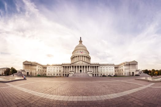 Panorama US Capitol Building Eastern Facade Entrance American Architecture Sunset