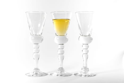 Single Shot Glass Wine Style Isolated White Background Triple Three Together Full Empty Contrast Elegant Fancy Round Stem