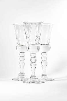 Single Shot Glass Wine Style Isolated White Background Triple Three Together Full Empty Contrast Elegant Fancy Round Stem