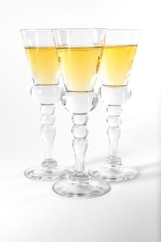 Single Shot Glass Wine Style Isolated White Background Triple Three Together Full Empty Contrast Elegant Fancy Round Stem