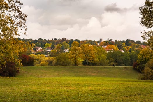 Autumn Fall Green Red Yellow Orange Brown Colorful Landscape Path Panorama Forest Woods Parks Field Wide Open Sky Overcast Weather Season