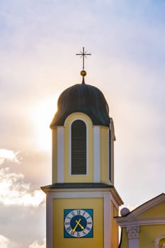 Backlit Church Steeple Sunshine Sunrays Warm Sky Architecture Exterior Worship Holy Catholic Christian