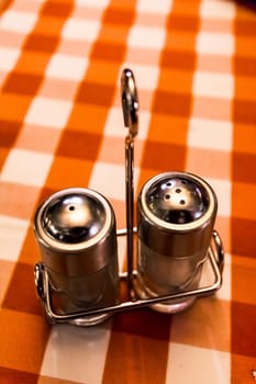 Salt Pepper Shaker Restaurant Industry Red White Plaid Checkerboard Tablecloth Table Typical