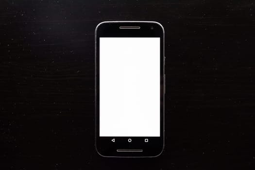 Blank White Screen Frame Cell Phone Android Black Wood Desk