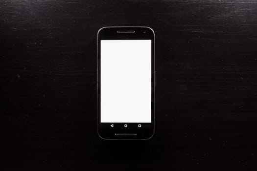 Blank White Screen Frame Cell Phone Android Black Wood Desk