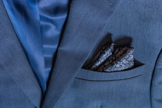 Blazer Closeup Texture Detail Textile Blue Tuxedo Suit Professional Handsome Men Fashion Button Handkerchief Lapel Material Jacket