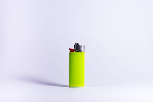 Bright Lime Green Plastic Lighter Fire Isolated White Background Object