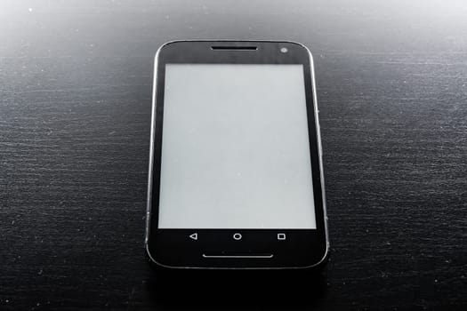 Blank White Screen Frame Cell Phone Android Black Wood Desk