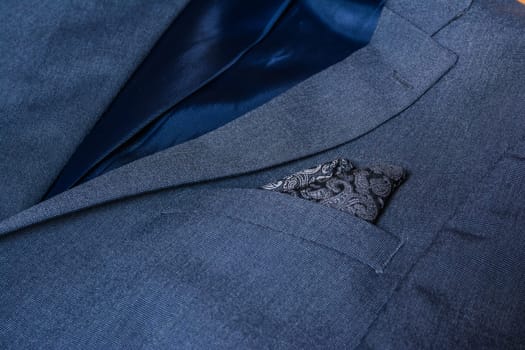 Blazer Closeup Texture Detail Textile Blue Tuxedo Suit Professional Handsome Men Fashion Button Handkerchief Lapel Material Jacket