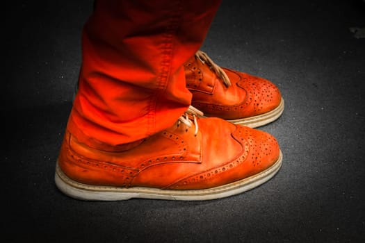 Bright Red Leather Footwear Unique Matching Pants Color Isolated Spotlight Wearing Together Pair Floor Dress Shoes
