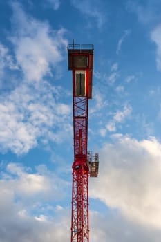 Bright Red Construction Crane Metal Frame Blue Sky Below Perspective Industry Equipment
